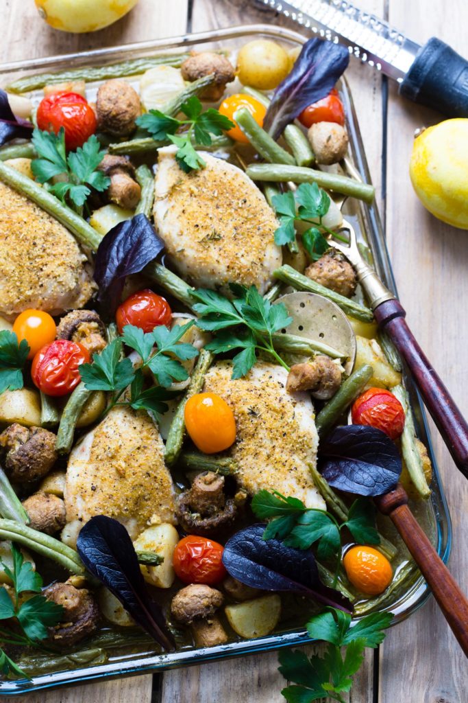 One Pan Chicken With Garlic Lemon Thyme Veggies Recipe